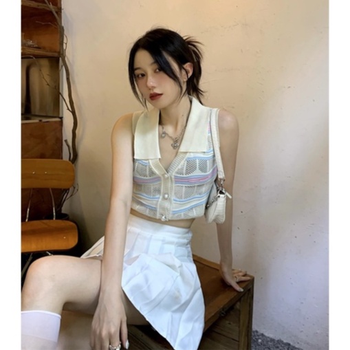 Áo khoác cardigan croptop XIAOZHAINV dệt kim sát nách họa tiết kẻ sọc trẻ trung thời trang dành cho nữ