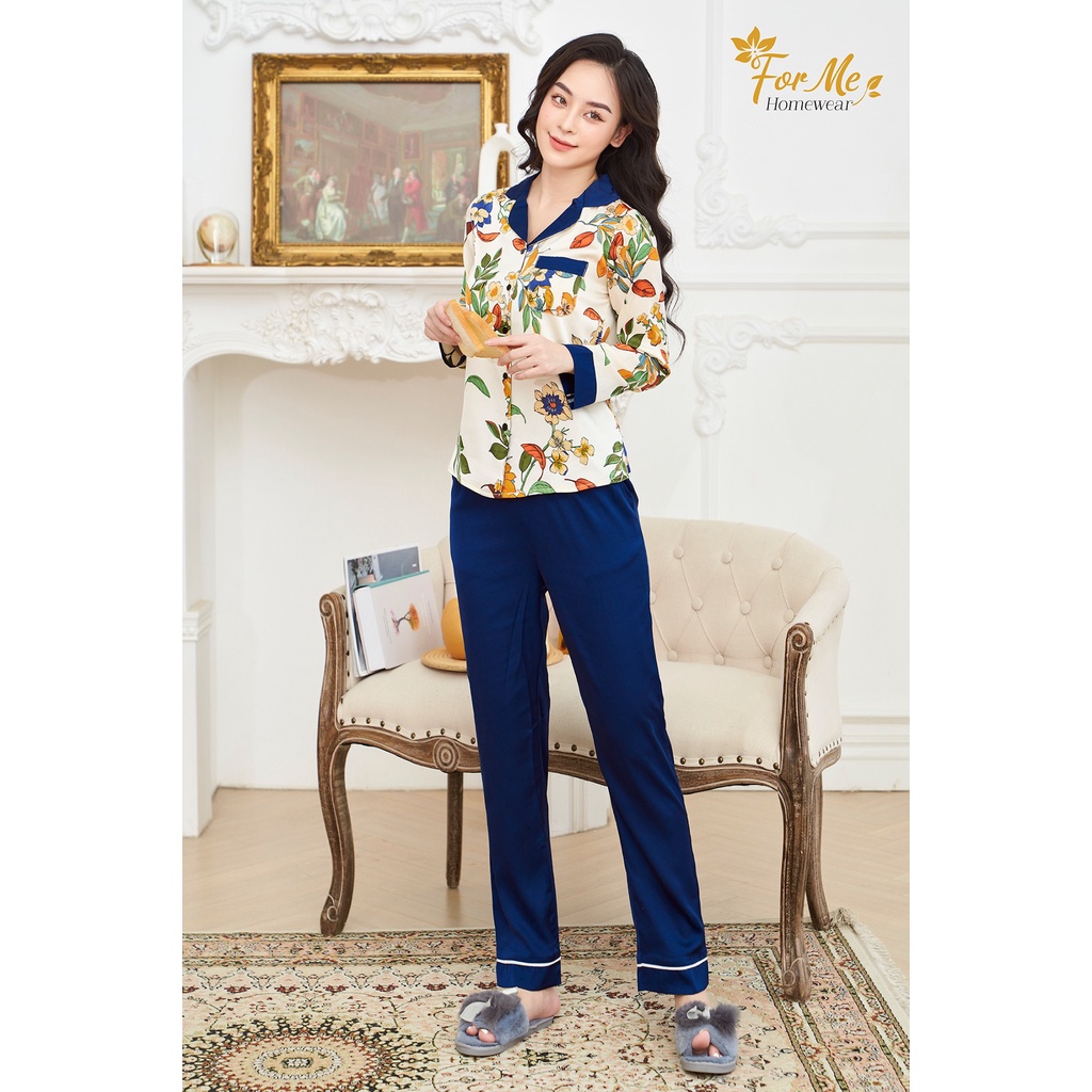 Bộ đồ ngủ, mặc nhà chất Lụa Giấy Luxury dài tay bộ nhành hoa phối quần 15 ,forme pijama