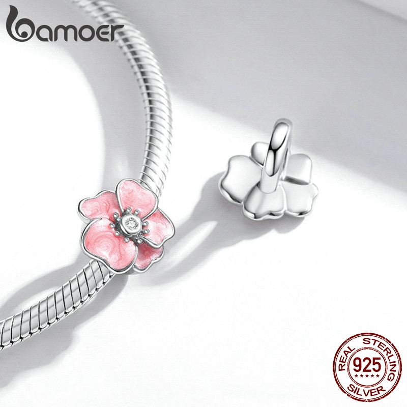 Hạt Xỏ Làm Đồ Trang Sức Bamoer Scc1729 Chất Liệu Kim Loại bạc 925 Hình Hoa Màu Hồng Xinh Xắn