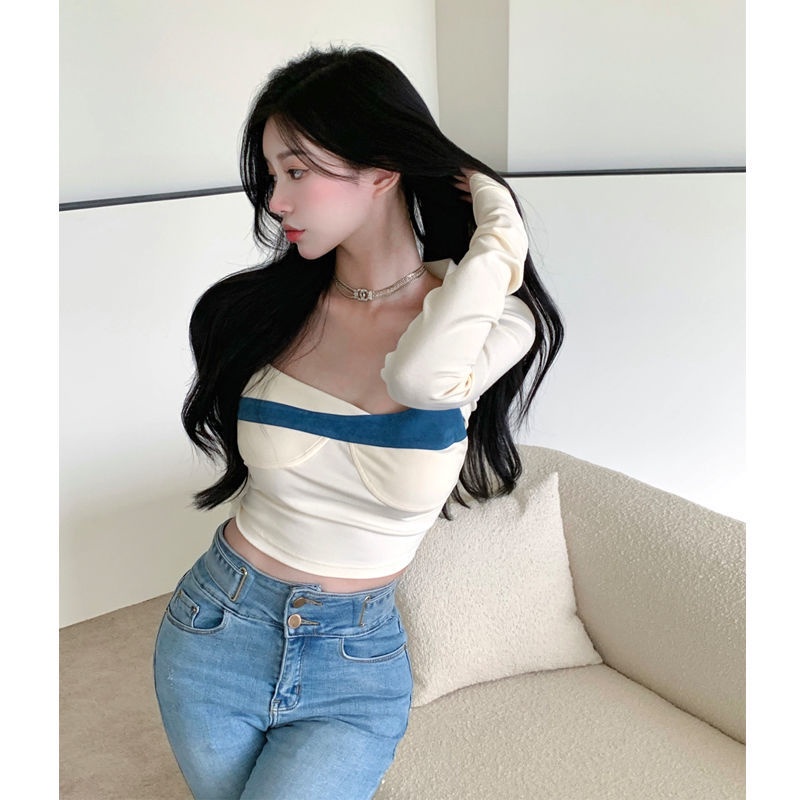 Áo thun COZOK tay dài cổ vuông form ôm phối màu tương phản thời trang