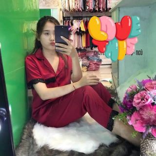 Pyzama phi lụa phối ren tay ngắn quần dài