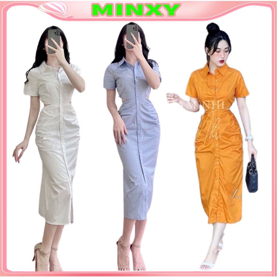 Váy sơ mi cut out chun sau đầm nhún sườn hở eo sexy maxi quyến rũ-Minxy shop