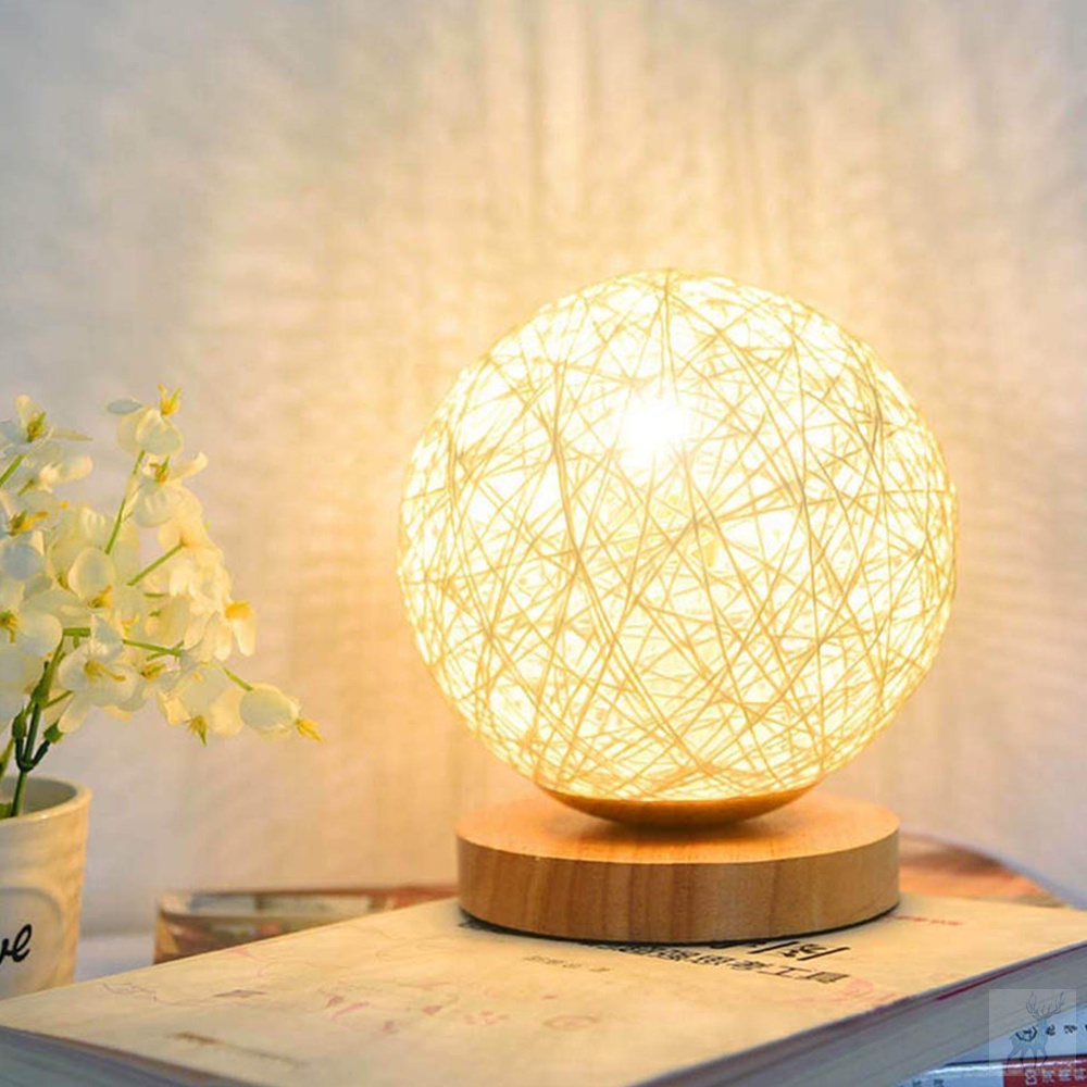 3W USB Moon Table Lamp Dimmable Hand-Knit Lampshade Wood Moon Lamp Bedroom Home Wedding Decoration Moonlight Beside Night Light