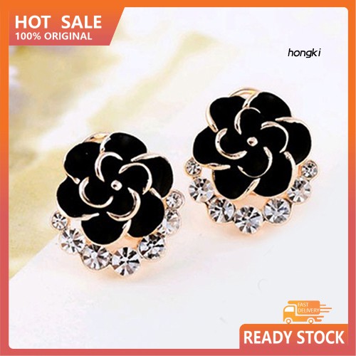 Bông tai hợp kim hình hoa trà đính đá lấp lánh