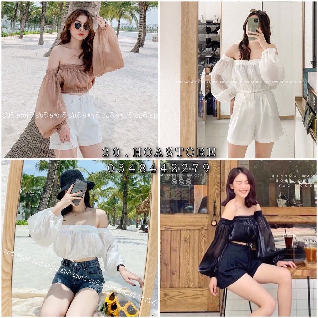 (NEW) ÁO KIỂU TRỄ VAI TIN CROPTOP TAY DÀI VOAN GIẤY TRẮNG BE ĐEN - ÁO LƯỚI CROPTOP TRỄ VAI BO CHUN HOT GIRL