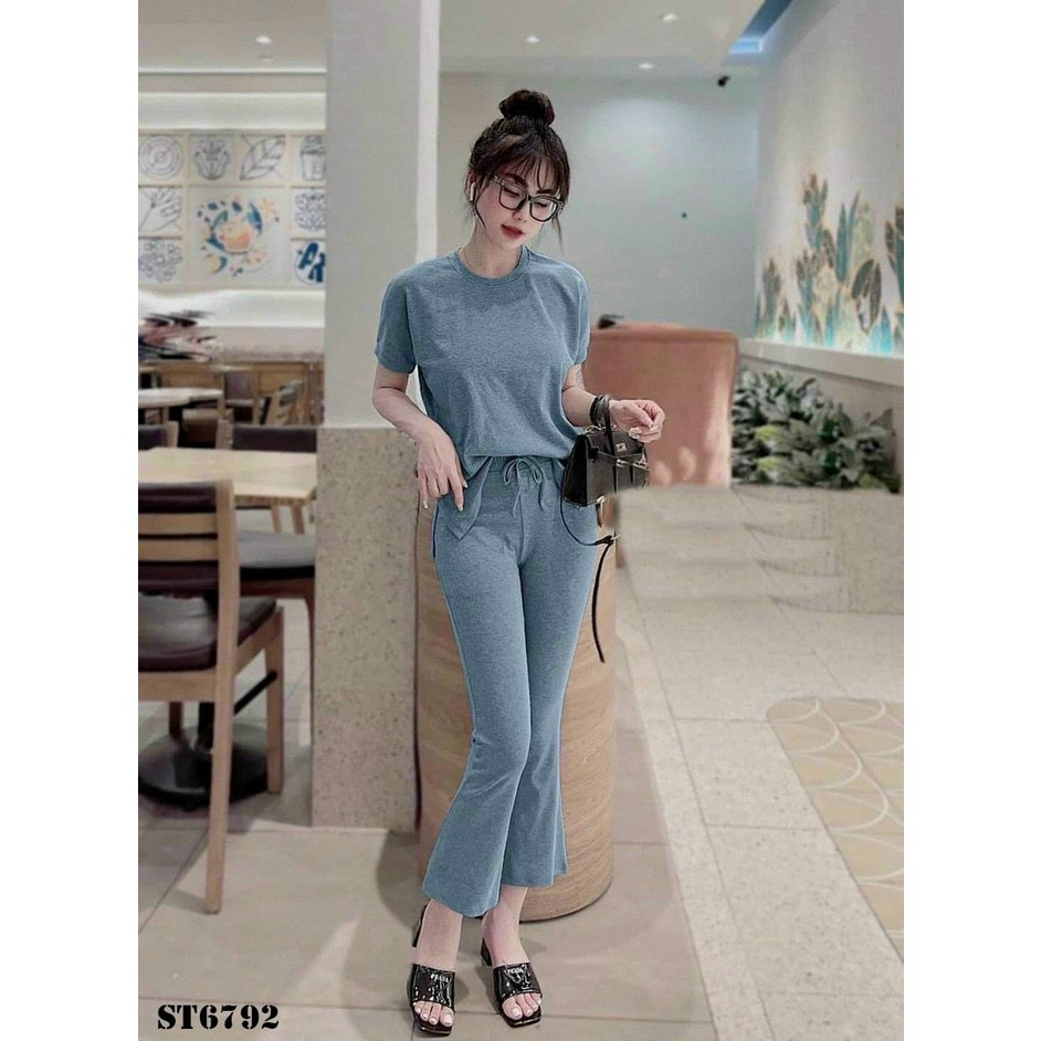Set bộ đồ nữ thun gân áo ngắn tay phối quần loe đơn giản, siêu xinh dành cho các nàng ở nhà, đi chơi
