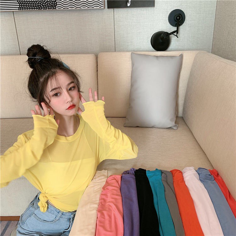 Áo Tay Dài Dáng Rộng Màu Trơn Phối Lưới Thời Trang Hè Phong Cách Hàn Quốc Cho Nữ