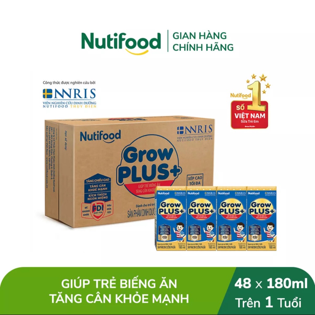 [HSD T2-2022] Thùng 48 Hộp SBPS NutiFood Grow Plus+ Tăng Cân Khỏe Mạnh 180ml (xanh)