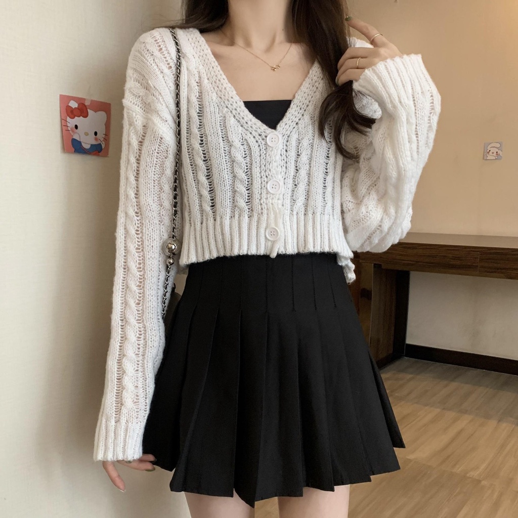 Áo Khoác Len Xoắn Cổ Tim Nút Tay Dài | Smide Clothing