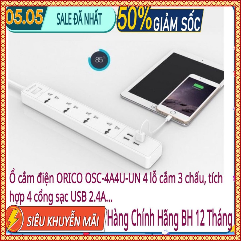 Ổ cắm điện ORICO OSC-4A4U-UN 4 lỗ cắm 3 chấu, tích hợp 4 cổng sạc USB 2.4A RẺ QUÁ