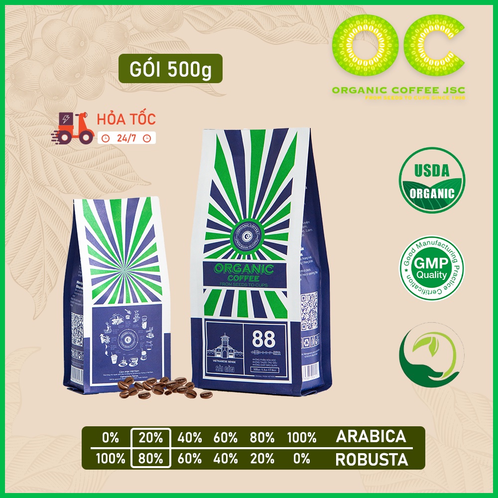 Cà phê rang xay nguyên chất Robusta Blend Sài Gòn 88, Cafe rang mộc pha phin, pha máy gói 250g/500g Organic Coffee JSC