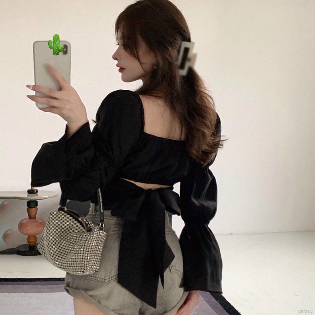 Áo croptop cổ vuông tay nhún, cột nơ sau lưng siêu cute