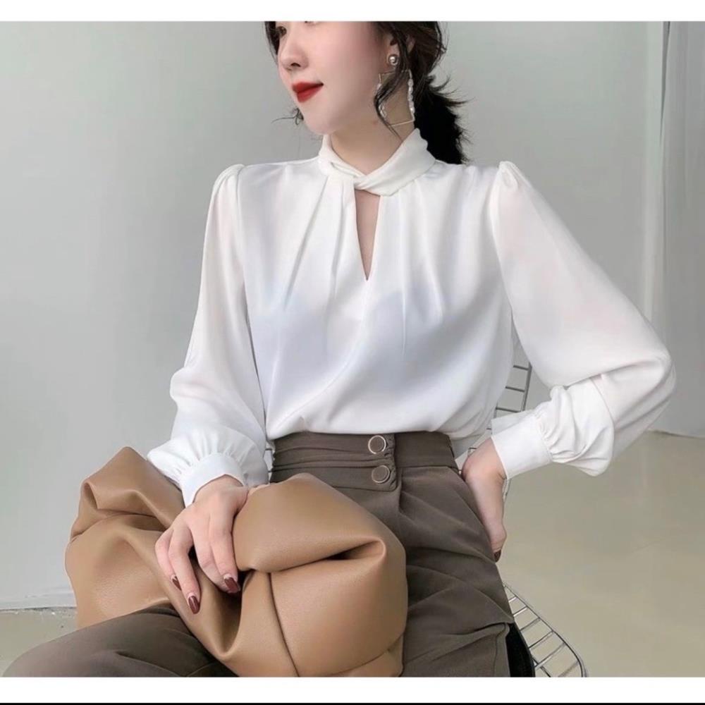 Áo sơ mi lụa tay bồng dài tay cổ xoắn - áo sơ mi công sở nữ 109