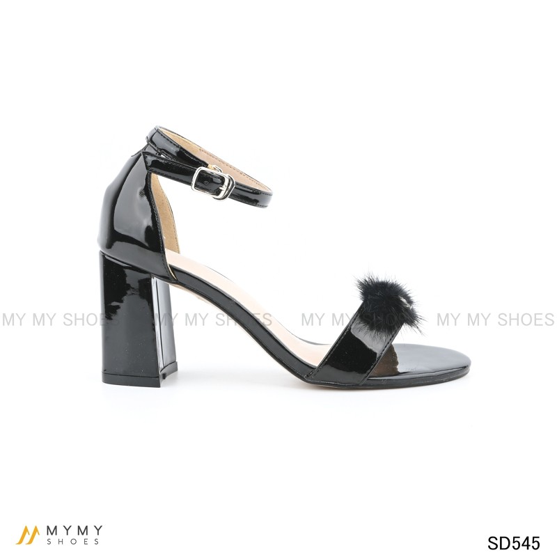 Sandal da bóng quai lông gắn đá bít gót vuông 7p