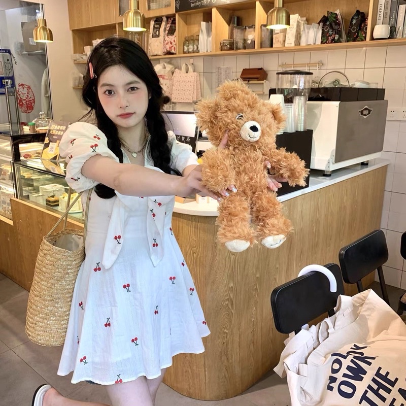 ĐẦM TRẮNG CHERRY ĐỎ NƠ NGỰC TAY BỒNG