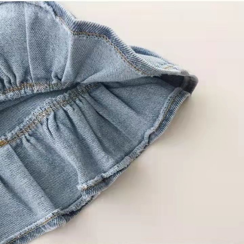 Bộ Áo Tay Phồng Phối Chân váy jean Viền Bèo Thời Trang Mùa Hè Cho Bé Gái