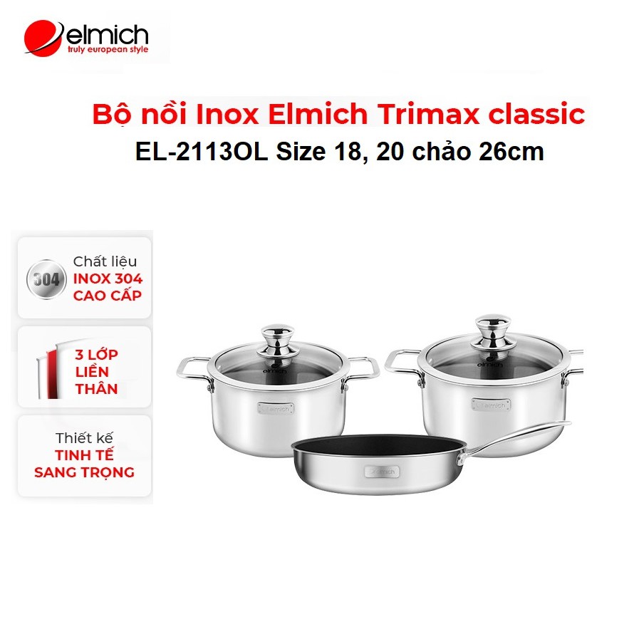 Bộ nồi chảo Inox 304 cao cấp 3 đáy liền nguyên khối Elmich Trimax Classic EL-2113OL Size 18, 20 chảo 26cm