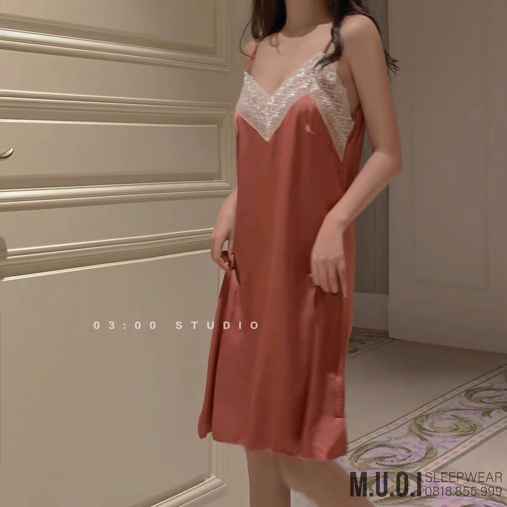 [FREESHIP] Váy ngủ sexy QCCC-Sx 89 Váy ngủ  lụa satin ren bèo cổ V hàng( bầu bí mặc được) QCCC Muối Sleepwear- hàng sẵn