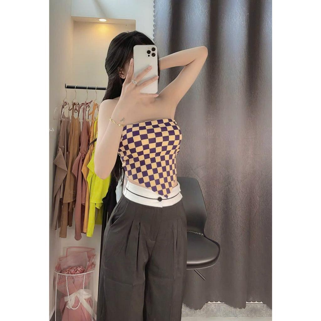 Áo ống cúp ngực nhọn tà cột dây nơ lưng phối màu caro croptop cực sexy , chất thun gân dày dặn