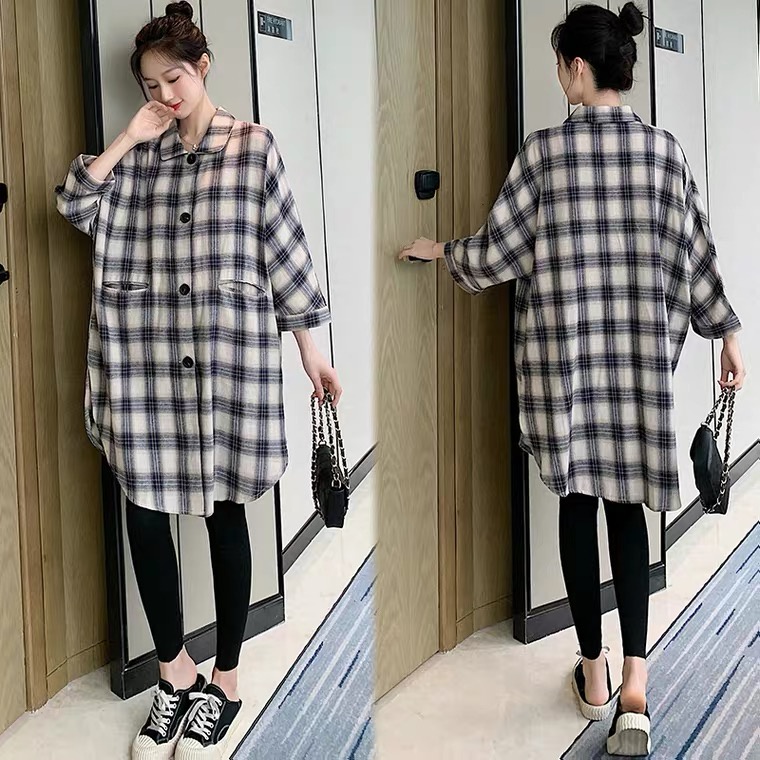 NSCAT-bộ đồ bà bầu 2021 phong cách mới thời trang Hàn Quốc áo sơ mi cỡ lớn áo sơ mi váy dài giữa