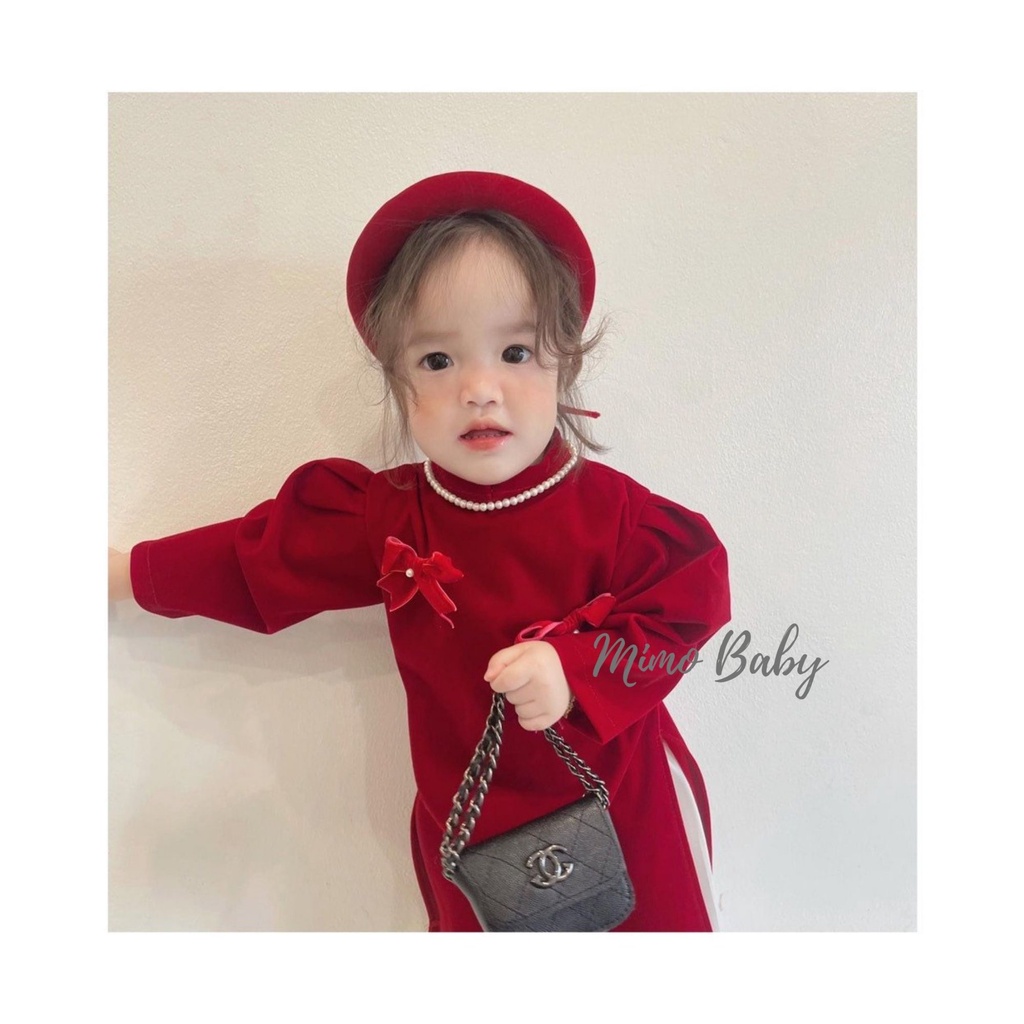 Áo dài nhung đỏ cao cấp hàng thiết kế cho bé gái tặng kèm mấn Mimo Baby AD06