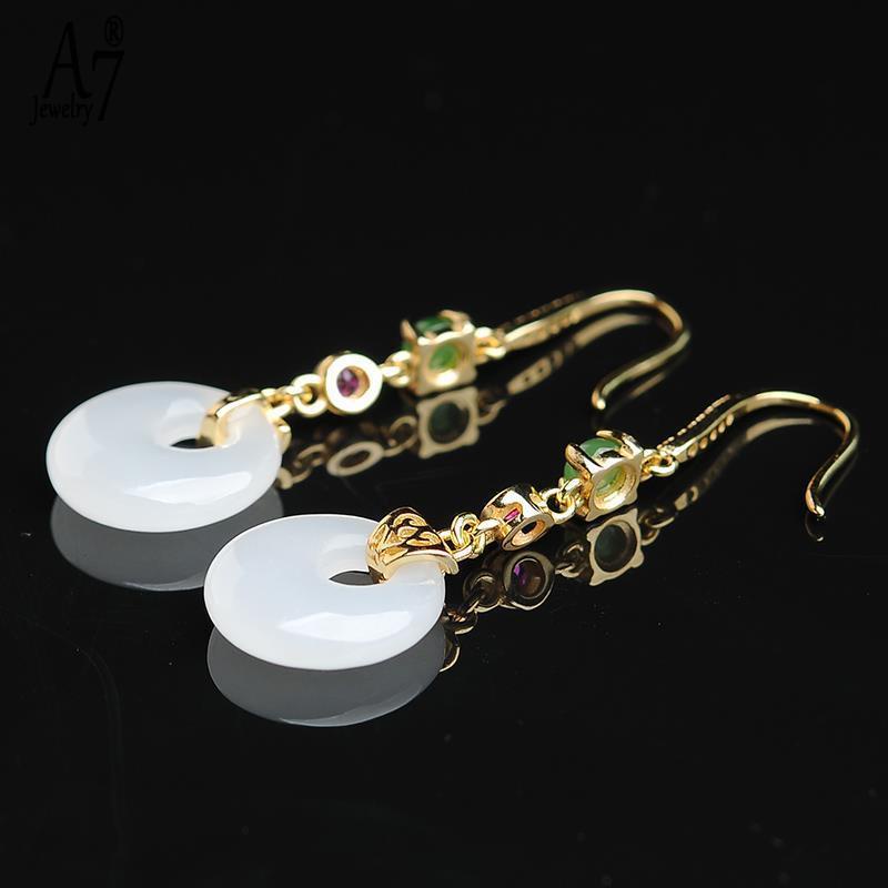 Bông Tai Bạc A7 S925 Đính Đá Ngọc Bích Trắng Thanh Lịch