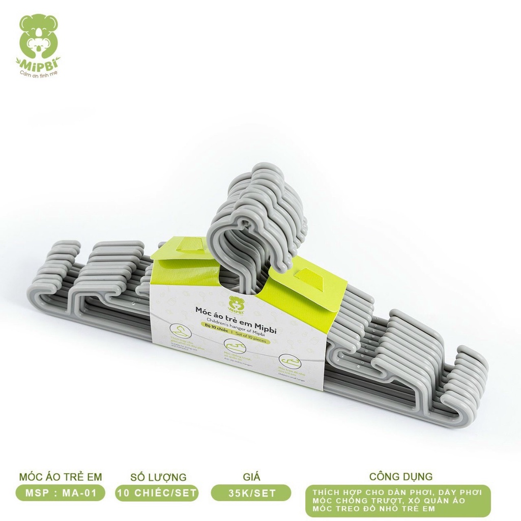 Set 10 Móc quần áo trẻ em , móc nhựa treo đồ em bé Mipbi cao cấp