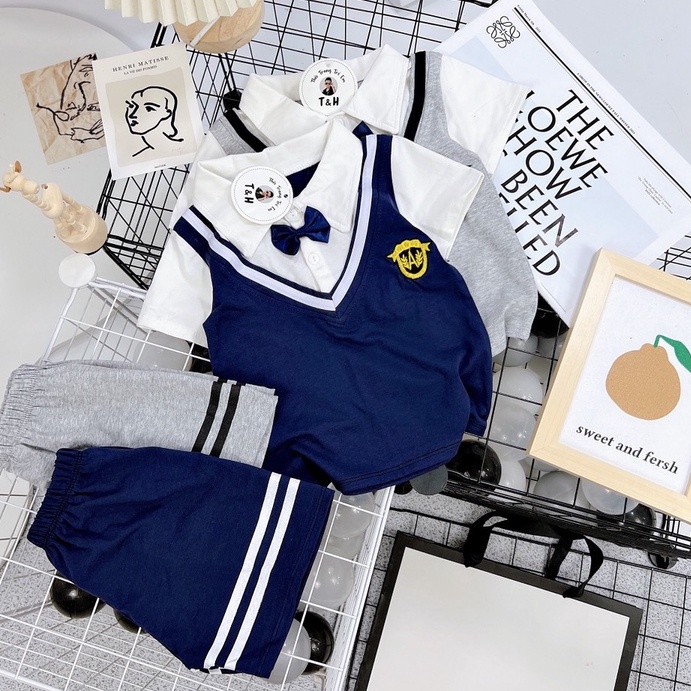 Đồ bộ bé trai, Set công tử thun cotton áo kiểu gilê ngắn tay cổ vest và quần short 2 vạch ngang size 7-18 kg, SUN KID'S