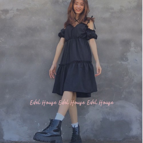 Váy đen dây ngực trễ vai buộc cổ Edel Có Ảnh Thật + Đánh Giá E122 | BigBuy360 - bigbuy360.vn
