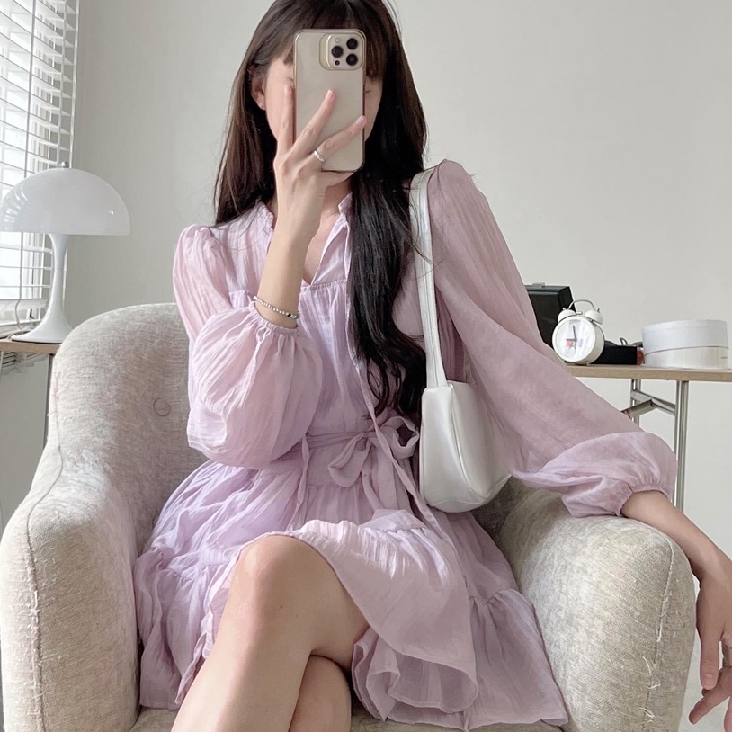 Váy babydoll dáng ngắn, váy đầm nữ dài tay tầng 2 lớp voan tơ xước freesize phom suông thắt eo hàn quốc Wikishop C1092
