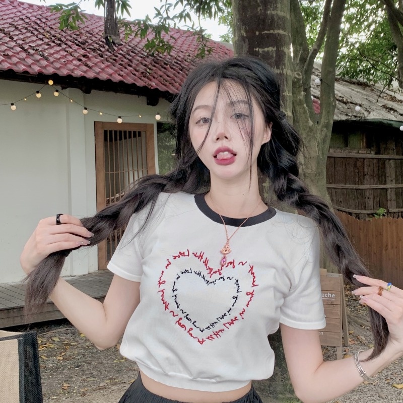 Áo thun dệt kim ZHELIHANGFEI tay ngắn hở eo thêu chữ dễ thương thời trang