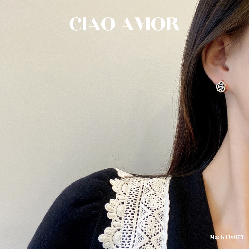 KT01074-Khuyên tai nữ, Bông tai nữ nụ hoa đính ngọc đá đen ở giữa Trang sức Ciao Amor
