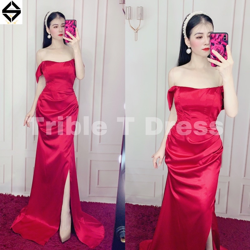 Đầm maxi body trễ vai xẻ đùi chất phi thun lụa TRIPBLE T DRESS - size M/L - MS393V
