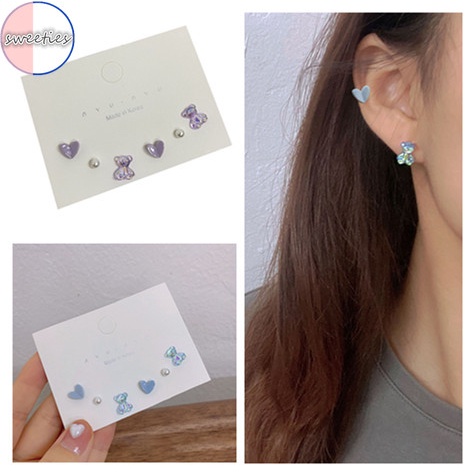 Bộ 3 Đôi Bông Tai Hình Trái Tim / Gấu Đính Ngọc Trai Thời Trang Cho Nữ