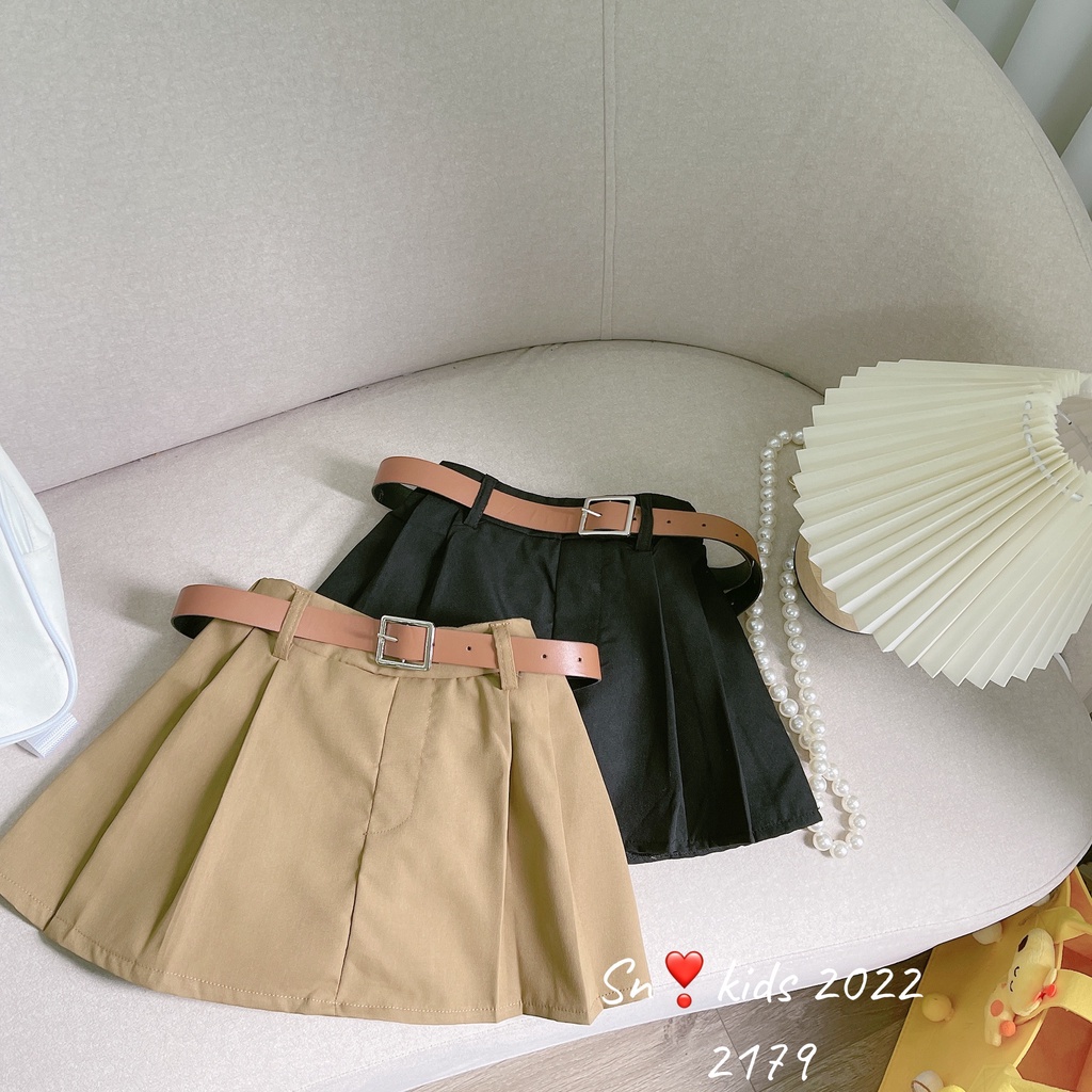 Quần áo bé gái, set áo tơ nhăn xịn cổ bản to kèm chân váy xếp ly tặng dây lưng cho bé size 10-35kg