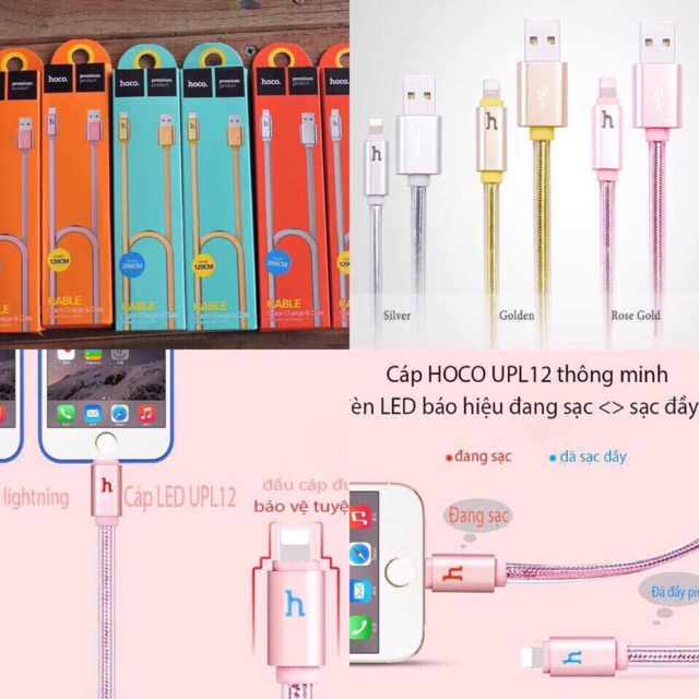 Dây sạc iPhone hoco dài 2m có đèn led báo hiệu