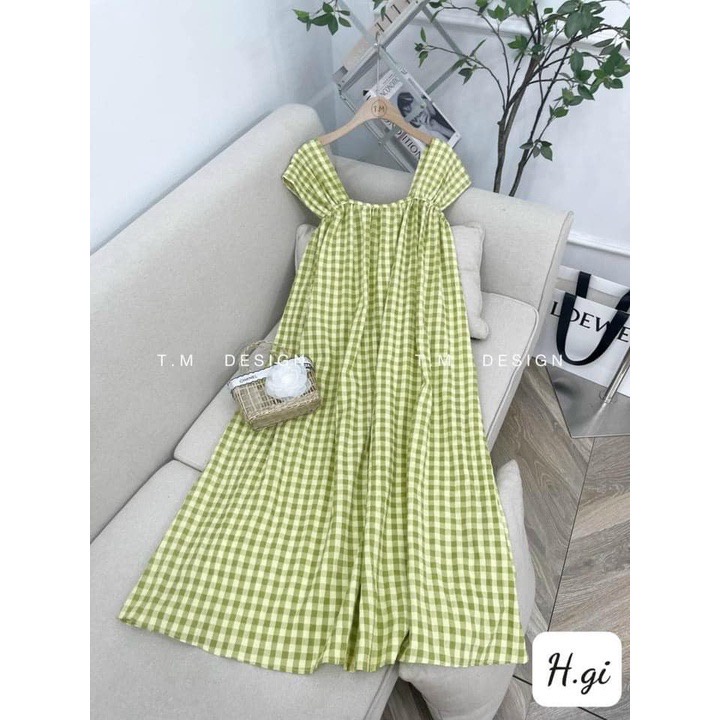 Váy bầu 2 dây bản to chất thô hàn xốp kẻ caro nhiều màu dáng xòe chun ngực dáng midi (Ảnh thật tự chụp)