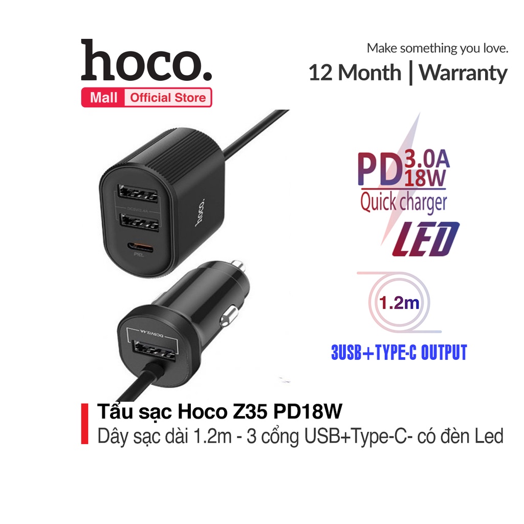 Tẩu sạc Hoco Z35 PD18W có 3 cổng USB+Type-C kèm dây sạc nhanh 1.2m kết hợp đèn Led dành cho xe o tô
