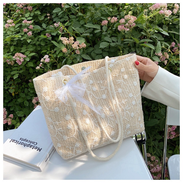 Túi Tote Đeo Vai Đan Cói Cỡ Lớn Phối Ren Thiết Kế Dễ Thương