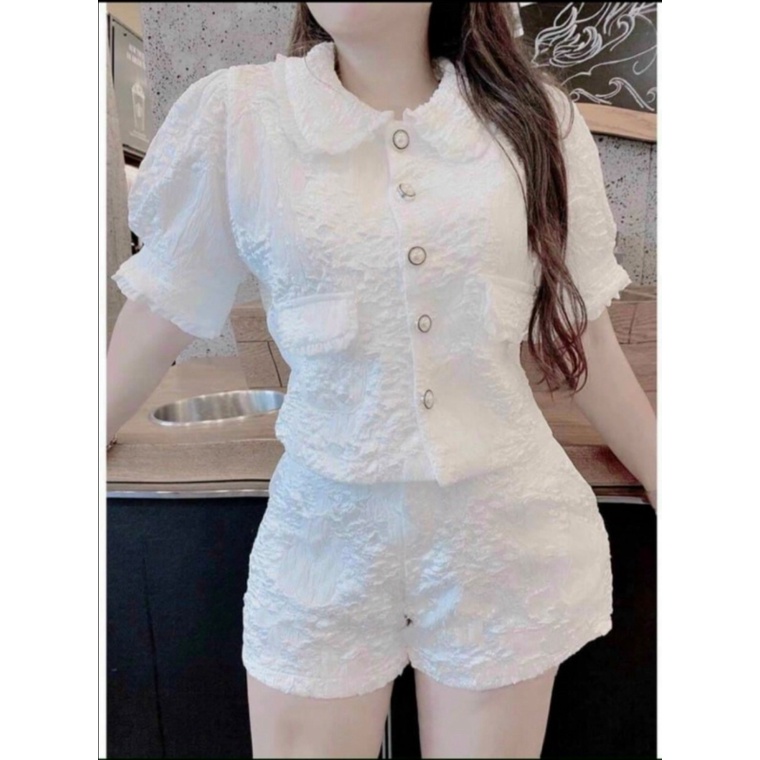 Sét Bộ 2 Món Đi Chơi Áo Tay Phồng Cổ Bèo Kết Hợp Quần Đùi Chất Gấm Mặc Đẹp Dáng Xinh NEW UNISEX