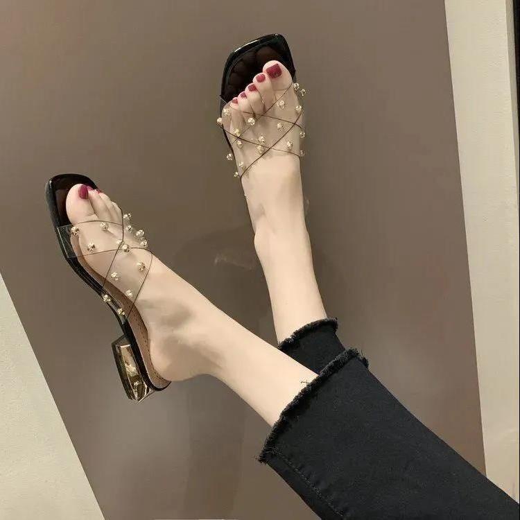 Jiashucheng Dép Sandal Gót Thấp Dày Dặn Trong Suốt Thời Trang Mùa Hè Dành Cho Nữ Có Size Lớn
