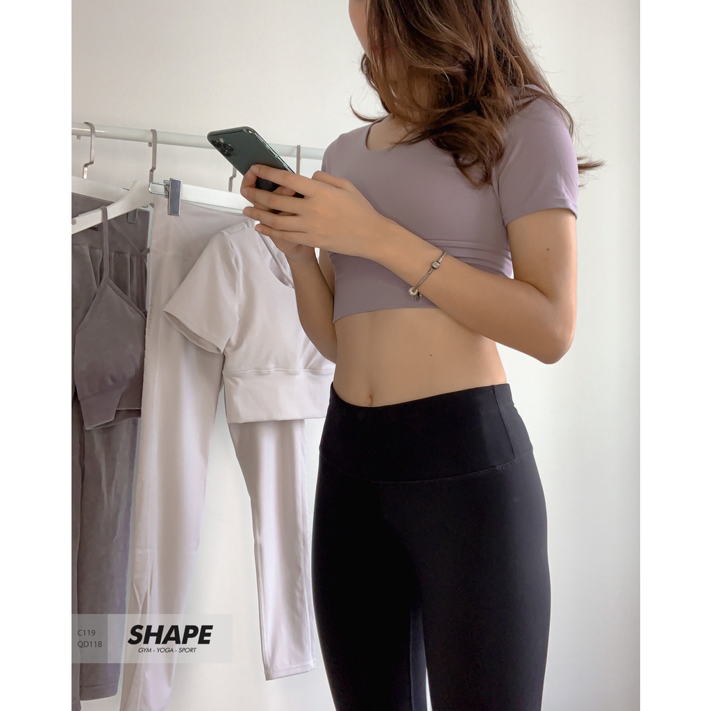 Áo croptop tập gym yoga nữ Shape cộc đan dây lưng [C119]