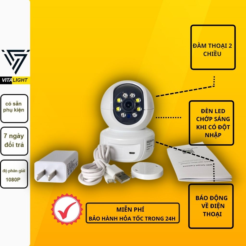 Camera wifi  có báo động bằng loa và đèn,camera không dây ban đêm có màu cảnh báo về điện thoại VITALIGHT