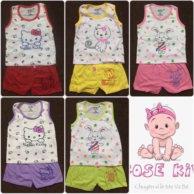 Đồ bộ ba lỗ mặc nhà bé gái 3-15kg kitty, thỏ, mèo
