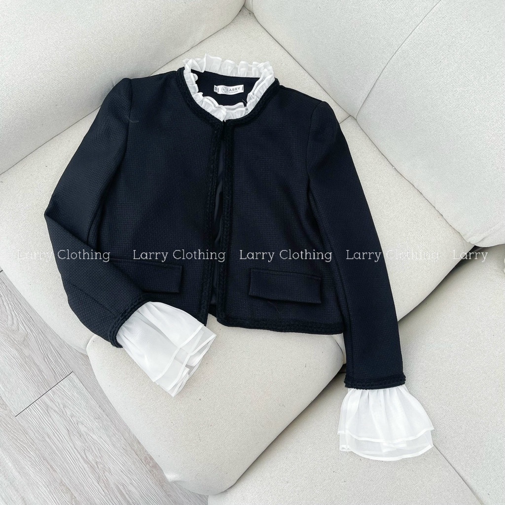 Áo dạ tweed nữ thiết kế màu đen trơn cổ bèo tay dài voan trắng có túi lịch sự thời trang thiết kế Larry Clothing A740