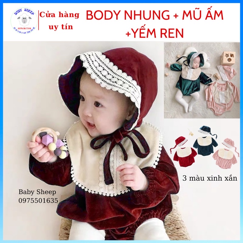 Set áo liền quần cao cấp tặng kèm yếm trắng và mũ bèo cho bé gái đầy tháng thôi nôi diện Tết