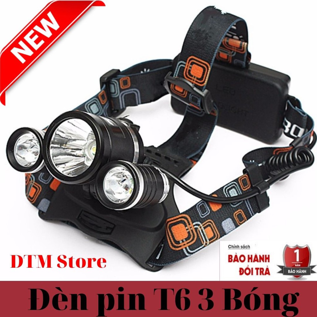 Đèn pin đội đầu 3 bóng ánh sáng trắng siêu sáng,đèn pin đội đầu chống nước kèm 2 pin sạc và cục sạc - DTM Store