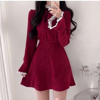 sle Váy dự tiệc dạ đỏ phối ren thắt nơ eo sang chảnh kèm ảnh thật khách mặc