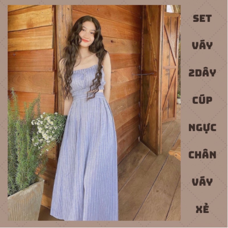 Set Váy 2 Dây Cúp Ngực Phối Chân Váy Xẻ Xanh