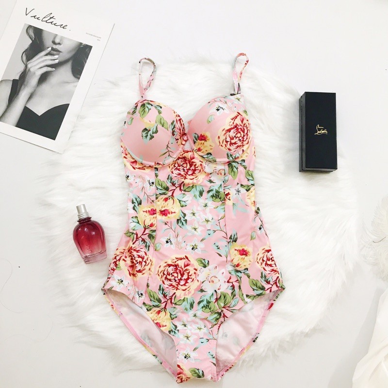 Monokini Đồ bơi 1 mảnh cúp ngực che bụng in hoa